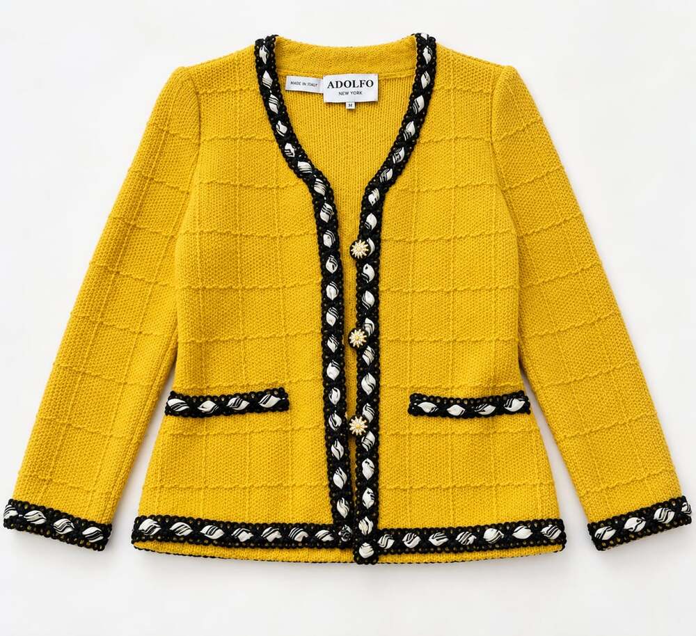 Adolfo New York Knit Jacket Yellow Black Trim Vintage (q1)